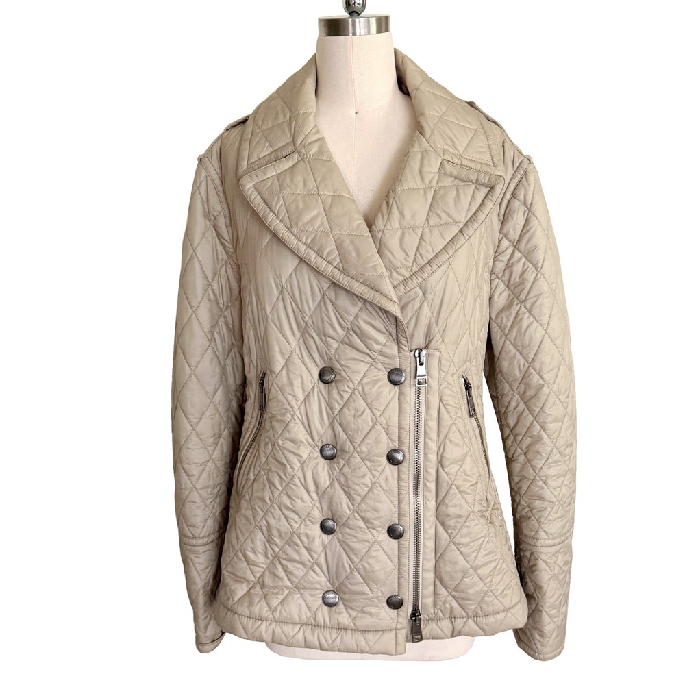 Burberry‎ Brit Beige Quilted Jacket Womens XL Double Breasted Plaid Check Coat